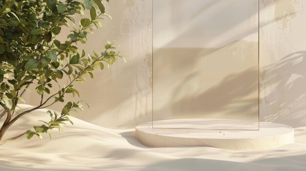 Projekt białej sceny pustynnej z sceną z piaskowca do wyświetlania produktów Ściana szklana i eteryczne liście drzewa herbaty są również uwzględnione w projekcie