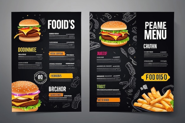 Zdjęcie projekt broszury menu fast food na ciemnym wektorowym szablonie tła
