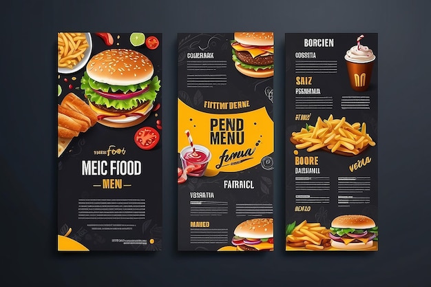 Projekt broszury menu fast food na ciemnym wektorowym szablonie tła