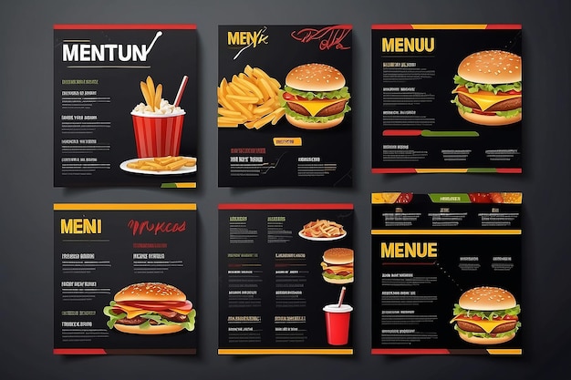 Zdjęcie projekt broszury menu fast food na ciemnym wektorowym szablonie tła