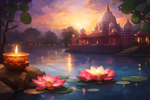 Zdjęcie projekt diwali z lotosem diya i rzeką z odbiciem światła i piękną indyjską świątynią i drzewami