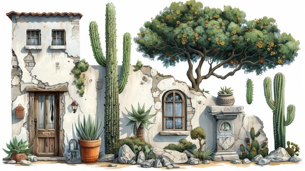 Projekt elementów tematu pustyni i zasobów gry Dom Drzewo Kaktus Kamienna posąg W stylu kreskówki Obiekty i ilustracje Projekt