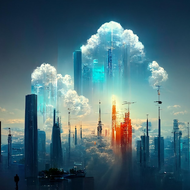 Projekt futurystycznego miasta nieba abstrakcyjna wieża architektura ilustracja projekt połączenie internetowe z przesyłaniem danych liniowych