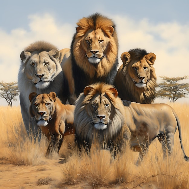 Projekt graficzny koszulki Majestic Pride z pięcioma lwami