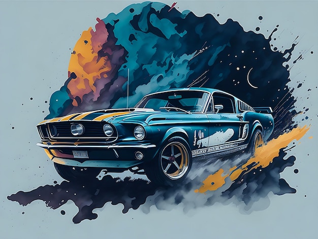 Projekt graficzny płaski mustang czarny Shelby dryfujący na generatorze ai akwareli księżyca