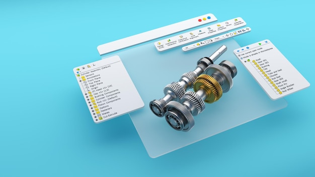 Projekt inżynierski Model 3D CAD koła zębatego. fabryka renderowania 3d ekranu komputera.
