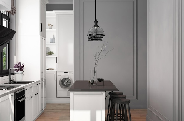 Projekt jadalni z widokiem na białą klasyczną kuchnię i szarą ramę ściany Wysokiej jakości ilustracja renderowania 3d jasny apartament