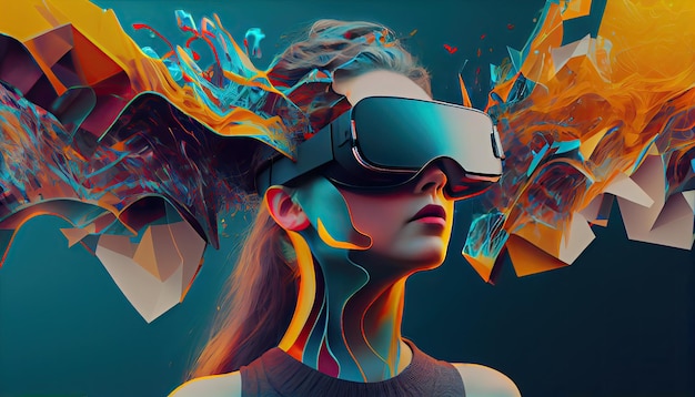 Projekt kolażu koncepcyjnego AI Metaverse z zestawem słuchawkowym VR z futurystyczną technologią inteligentnych okularów