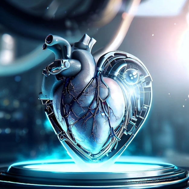 Projekt koncepcyjny sztuki futurystycznego biomechanicznego ludzkiego serca stworzonego za pomocą sztucznej inteligencji