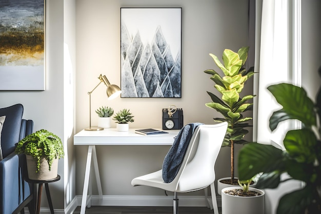 projekt koncepcyjny wnętrza domowego biura obejmuje piękną naturalną roślinę, która tworzy kojący