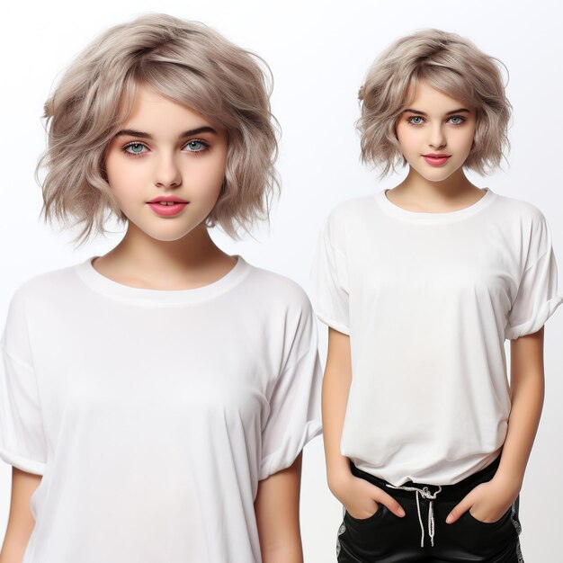 Projekt koszulki i zbliżenie koncepcji ludzi młodej dziewczyny w pustej białej koszulce z przodu iz tyłu na białym tle