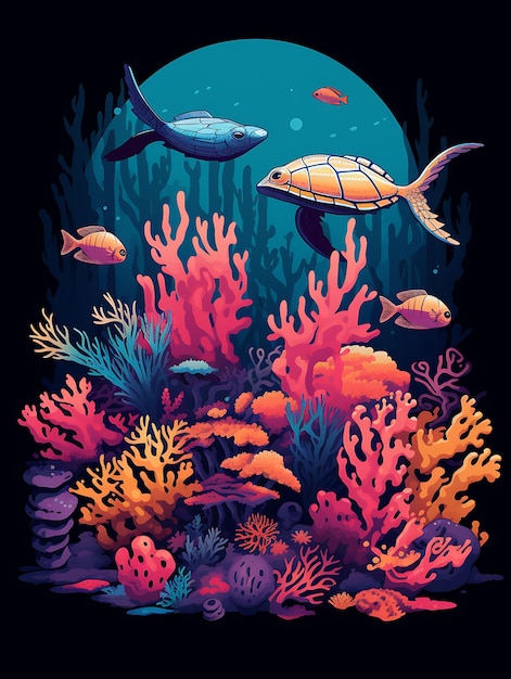 Projekt koszulki przedstawiającej rafę koralową z żółwiami morskimi Kolorowe ryby żywy koral i płaska sztuka atramentu 2D