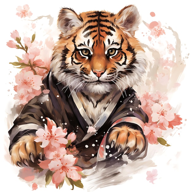 Projekt koszulki przedstawiający portret tygrysa ubranego w koreańskiego Hanboka skaczącego w powietrzu Bo Art Vector atramentu 2D