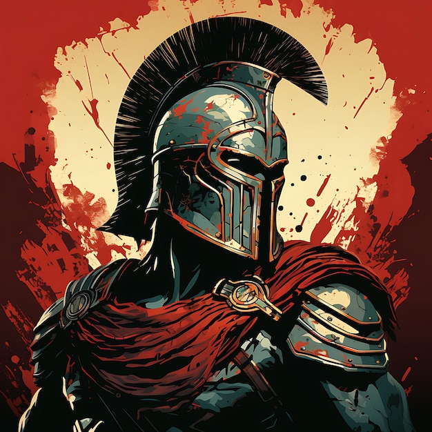 Projekt koszulki rzymskiego gladiatora w pozycji obronnej trzymającego Scutum Shiel 2D Flat Vector Art