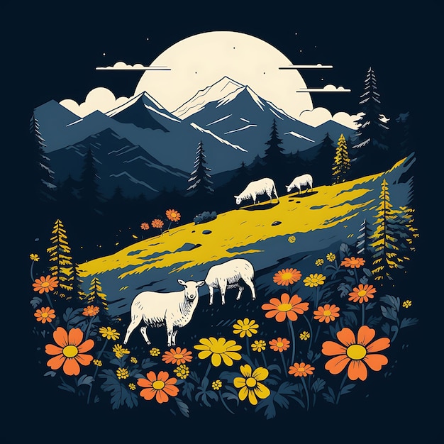 Projekt koszulki z alpejską łąką z pasącymi się owcami Polne kwiaty Jasnożółte grafiki 2D z płaskim atramentem