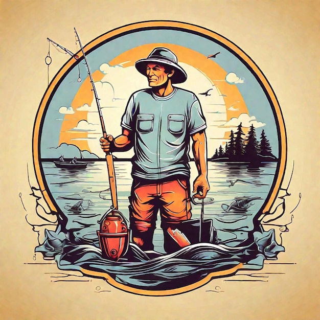 Zdjęcie projekt koszulki z ilustracją mężczyzny łowiącego ryby w stylu retro