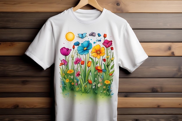 Projekt koszulki z kolorowymi kwiatami na drewnianym tle