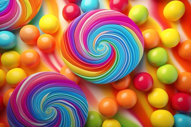 Projekt kreatywnego plakatu wibrującego słodyczy z pysznym kolorowym cukierkiem w tle z widokiem z góry