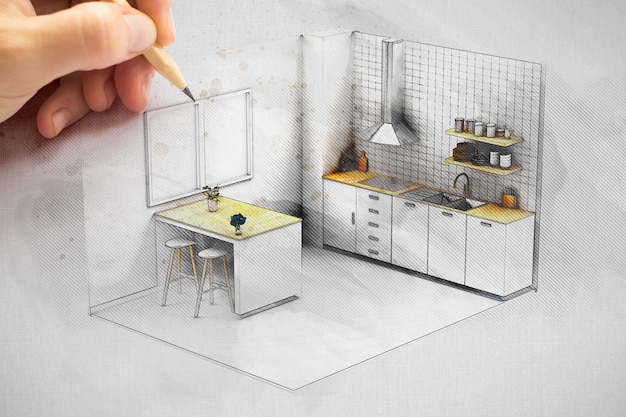 Zdjęcie projekt kuchni rysunku projektanta wnętrz