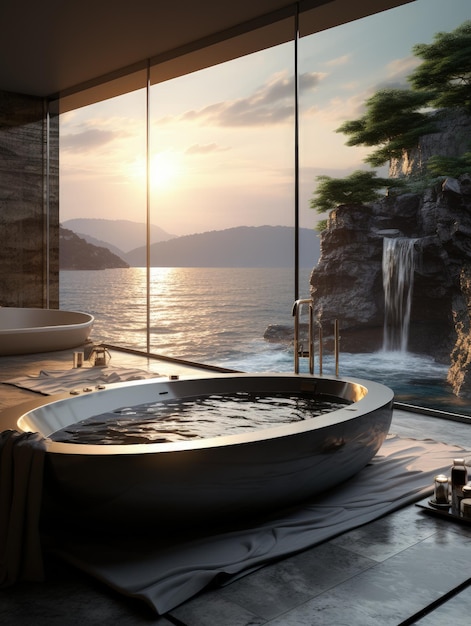 Zdjęcie projekt łazienki zaplanowany w luksusowym stylu, bez skazy, miejsce relaksu z widokiem na morską scenerię, wspaniały, oryginalny design. toaleta przeznaczona na przestrzeń higieniczną dla spa