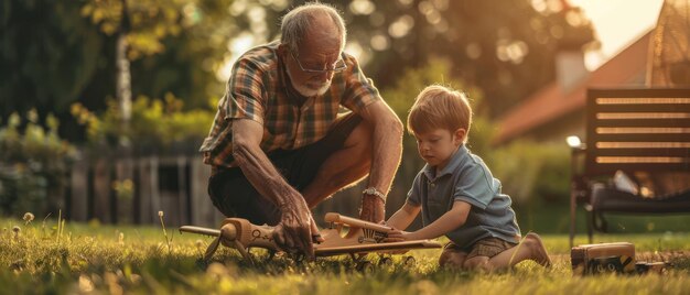 Zdjęcie projekt letni dziadek i wnuk budują razem drewniany samolot