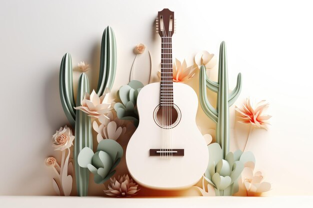 Projekt na meksykańskie wakacje Cinco De Mayo Nowoczesna gitara Cactus na pastelowym kolorze tła szablonu AI GenerativexA