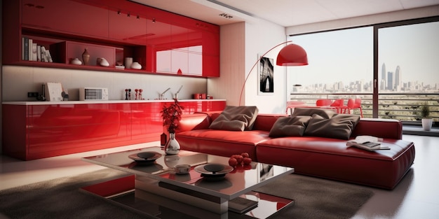 Projekt nowoczesnego mieszkania w odcieniach czerwieni, kuchni i salonu Wysokiej jakości zdjęcie Generatywna AI