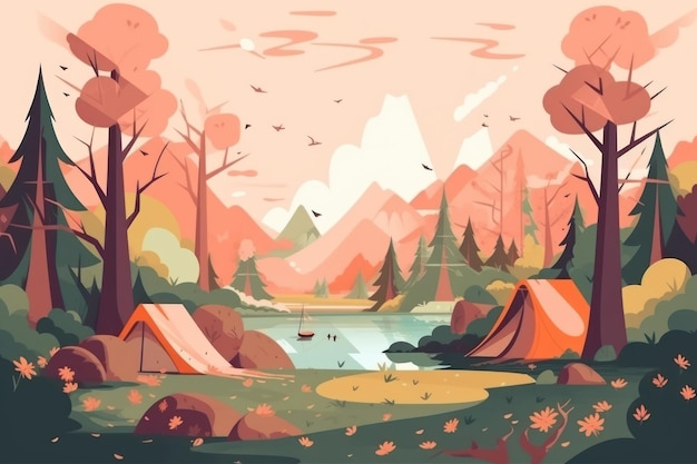 Projekt plakatów krajobrazowych przyrody Obóz za zachodem słońca z namiotami Las sosnowy skaliste góry i jezioro Silwetki podróżnych Ai ilustracja generatywna