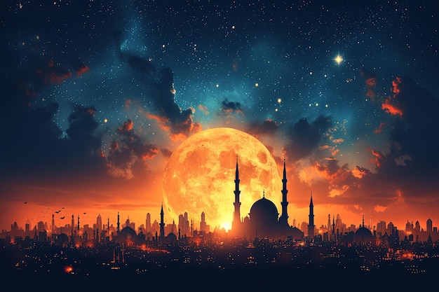 Projekt plakatów z kartkami z okazji Ramadanu Kareem z księżycem i minarem meczetu
