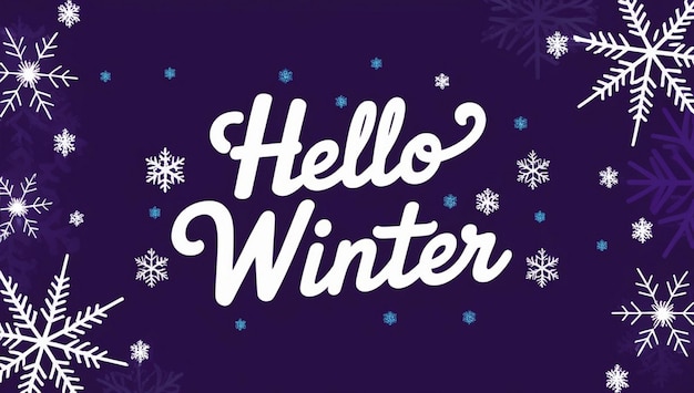 Projekt plakatu Hello Winter na tle zimowej sceny i słowo Hello Winter