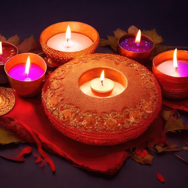 Projekt plakatu lub banera Happy Diwali z podświetlanymi lampami naftowymi