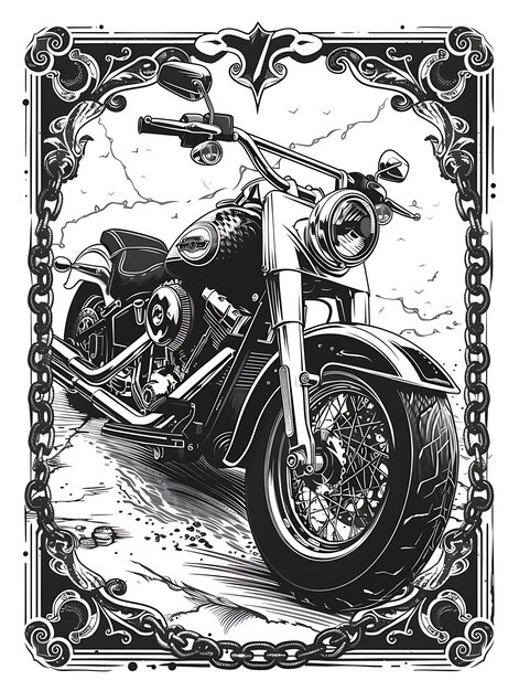 Projekt pocztówek motocyklowych z ostrymi ramkami Styl projektowania Deco Outline Scribble CNC Tattoo Ink Art
