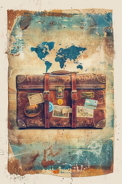 Projekt pocztówki w stylu vintagestyle z Wanderlust w typografii retro połączony z obrazem starej walizki i naklejkami podróżniczymi odpowiednimi dla nostalgicznych promocji podróży i przedmiotów z sklepów z pamiątkami
