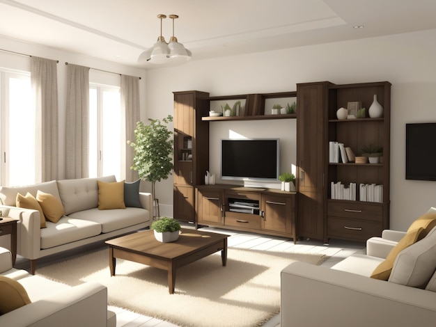 Projekt pokoju rodzinnego w kolorze kremowo-brązowym jest wyposażony w kanapę, półki do książek i szklane ściany