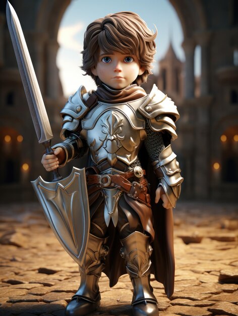 Zdjęcie projekt postaci z kreskówki, małego odważnego rycerza z błyszczącą srebrną zbroją, mieczem i tarczą.