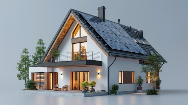 Projekt prywatnego domu z panelami słonecznymi na dachu na szarym tle