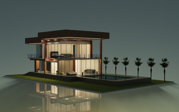 Projekt renderowania 3d nowoczesna zewnętrzna ilustracja modelu domu z basenem