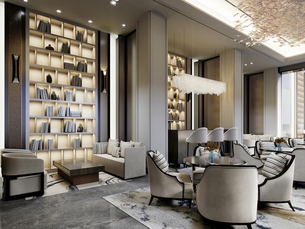 Projekt restauracji jest we współczesnym stylu bibliotecznym ze stołami z miękkimi krzesłami i zacisznymi miejscami z renderowaniem 3d mebli tapicerowanych