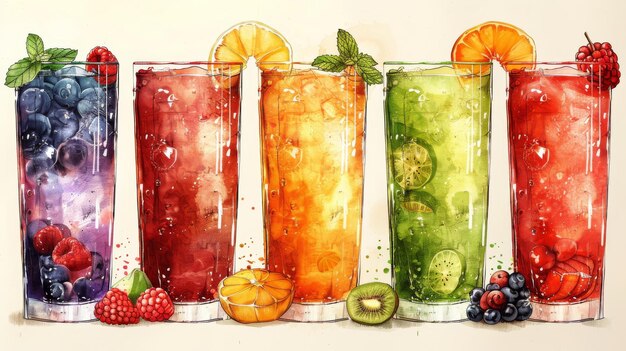 Projekt świeżych smoothie z uroczą dekoracją doodle Owoce odświeżające i napoje bezalkoholowe w kieliszkach Nowoczesna ilustracja mieszanego smoothie dla logo reklam marketingowych promocji i banerów
