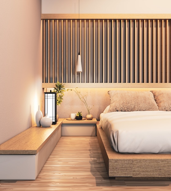 Projekt sypialni japoński drewniany z listwami i ukrytą lekką ścianą. Renderowanie 3D