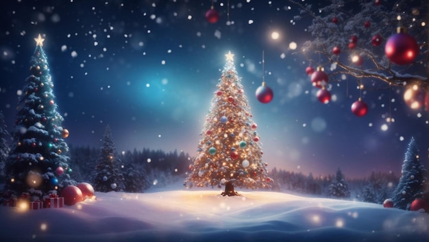 Projekt tła bożonarodzeniowego z wysoką choinką z żywymi bombkami i migoczącymi światłami