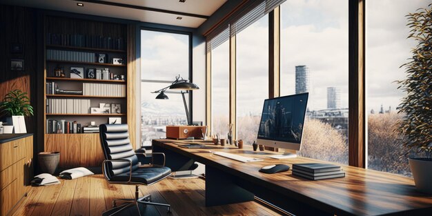 Zdjęcie projekt wnętrz domowego biura w nowoczesnym stylu z miejscem do pracy