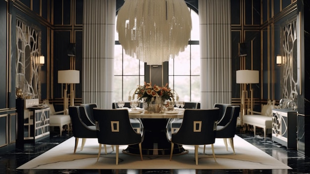Projekt wnętrz inspirowany stylem Art Deco Urocza domowa jadalnia w stylu glamour ozdobiona materiałem z marmuru i mosiądzu oraz żyrandolem Generative AI projektowanie wnętrz domu