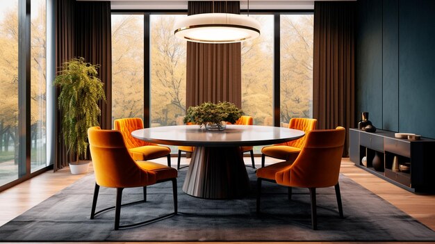 Projekt wnętrz jadalni w stylu współczesnym z żyrandolem Statement ozdobionym aksamitnymi krzesłami Teksturowany materiał dywanowy współczesna architektura Generacyjna sztuczna inteligencja