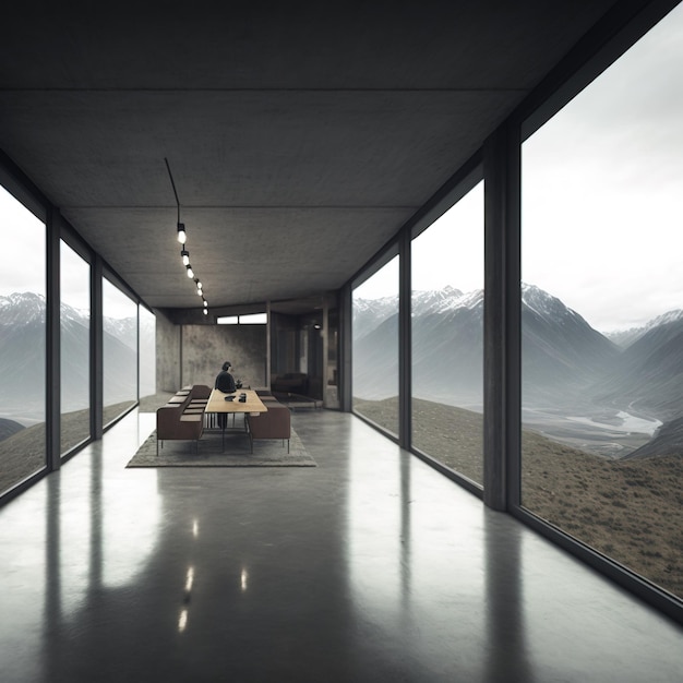 projekt wnętrz luksusowego wnętrza nowoczesnego minimalistycznego domku z widokiem na góry