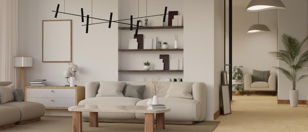 Projekt wnętrz nowoczesnego współczesnego białego salonu z wygodną sofą