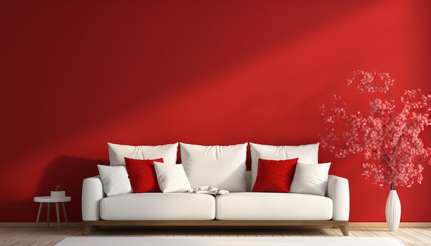 Projekt wnętrz nowoczesnej białej kanapy na tle czerwonej ściany