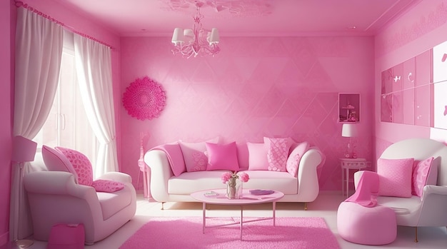 Projekt wnętrz pokoju 3D z różowymi motywami