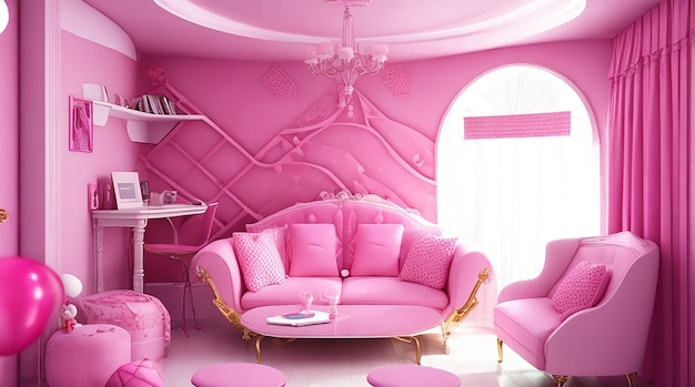 Projekt wnętrz pokoju 3D z różowymi motywami