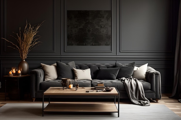 Projekt wnętrz salonu z szarą sofą na czarnej ścianie sztukaterii z wygenerowanym drewnianym ai